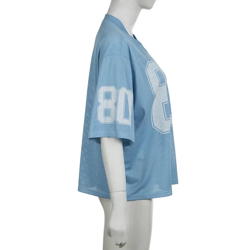 HLJ&GG Fashion Letter Print Loose Tshirts Two Piece Sets Women V Neck Top And Mesh Stacked Shorts Outfit Female Streetwear 2024