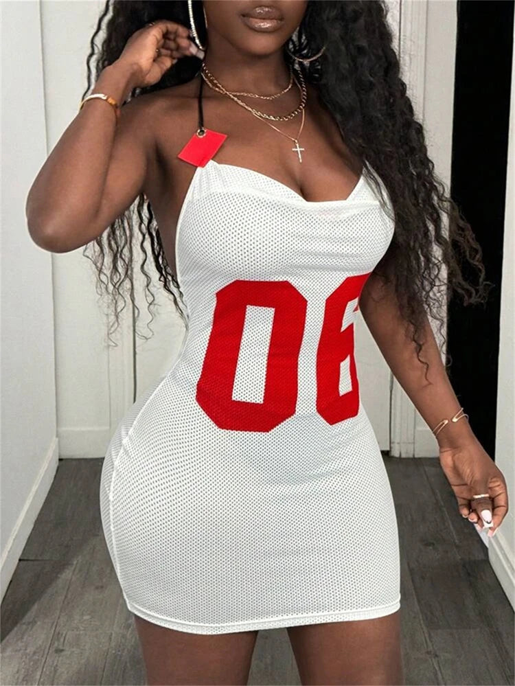 STYLISH LADY Number 06 Printed Mesh Dress 2025 Summer Women Halter Backless Bodycon Sexy Club Street Mini Vestidos De Festa