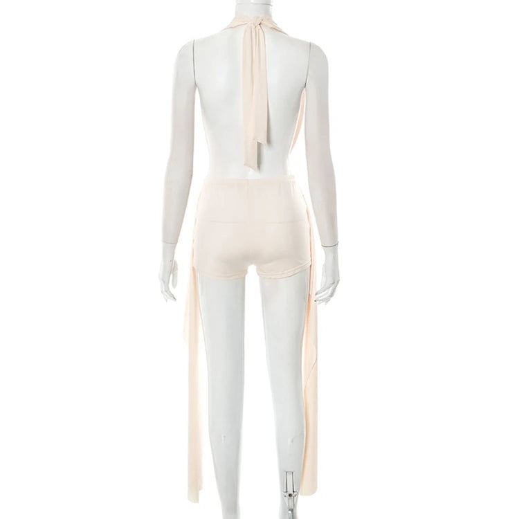 STYLISH LADY Nude Ribbon 2 Piece Set Women Halter Backless Crop Top and Shorts Suits 2025 Summer Sexy Club Hollow Out Outfits