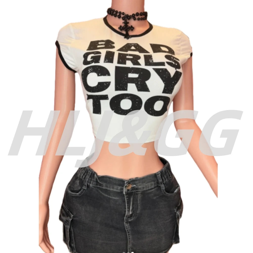 HLJ&GG Summer New Letter Print Tshirts Two Piece Sets Women O Neck Short Sleeve Crop Top And Denim Mini Skirts Outfit Streetwear