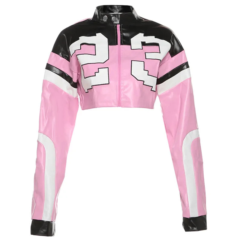 HLJ&GG Fashion Y2K Leather Jacket 3 Piece Sets Women Letter Print Zipper Long Sleeve Crop Top+Bodysuits+Shorts Outfit Streetwear