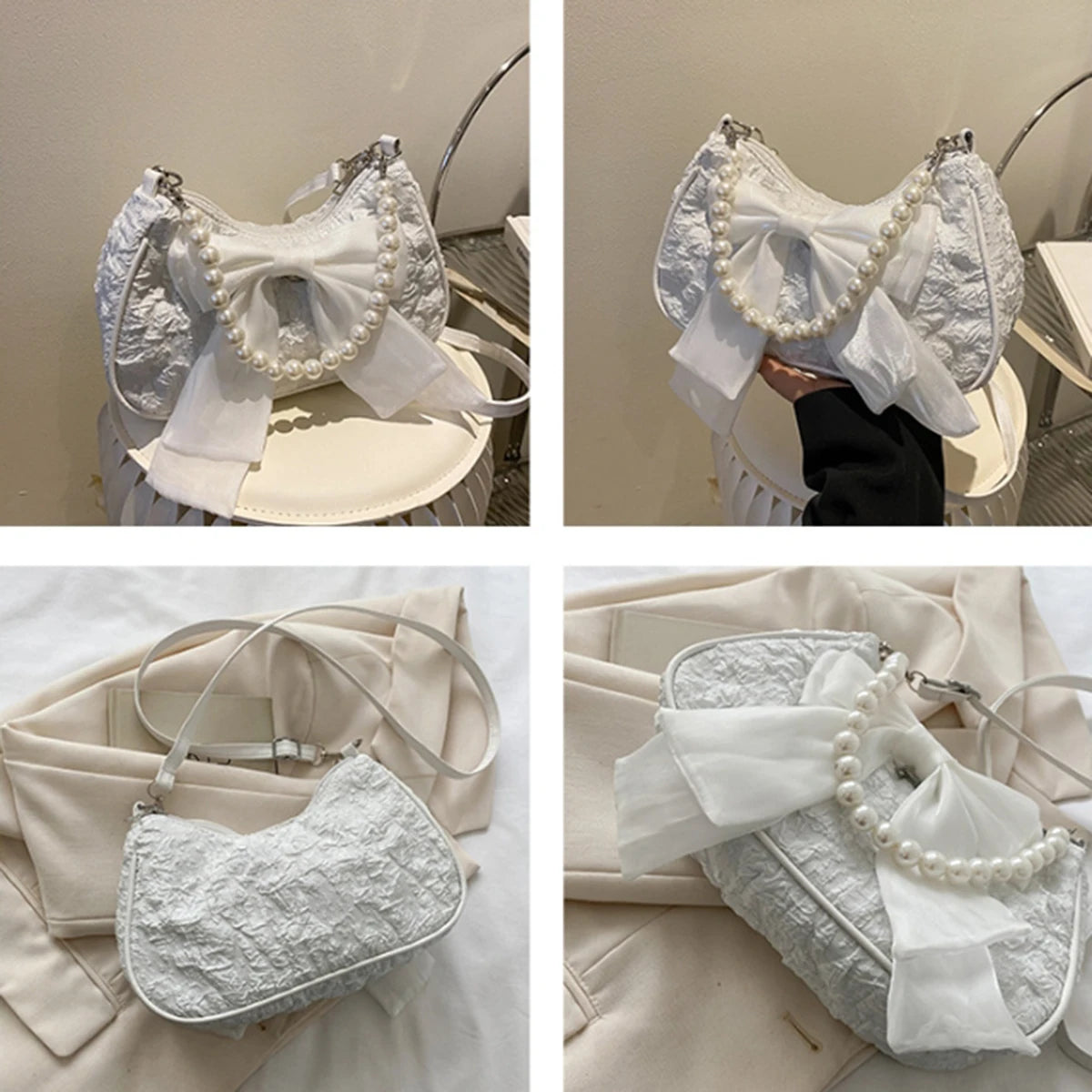 White folds pop retro bow bag Female Pearl handle New fashion pearl armpit shoulder crossbody bag 1 outfit