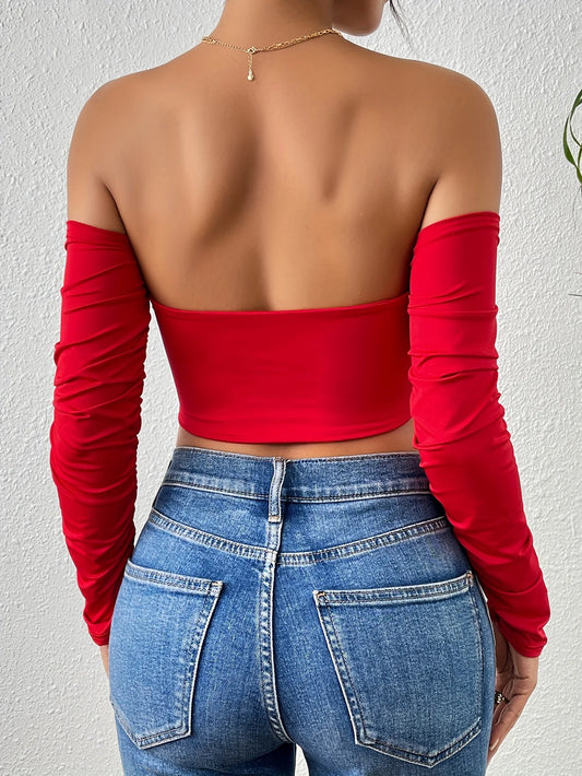 Sexy Ruched Crop T-Shirt - Off Shoulder, Long Sleeve, Drawstring Front, Flattering Fit, Clubwear, Night Out, Fashion Clot