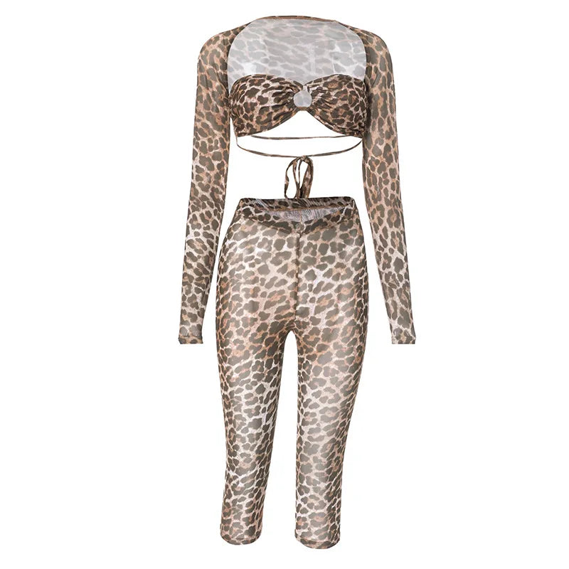 Weird Puss Sexy 3 Piece Set Women Leopard Print Mesh Full Sleeve Shawl+Bandage Metal Buckle Bra+Pants Street Trend Matching Suit