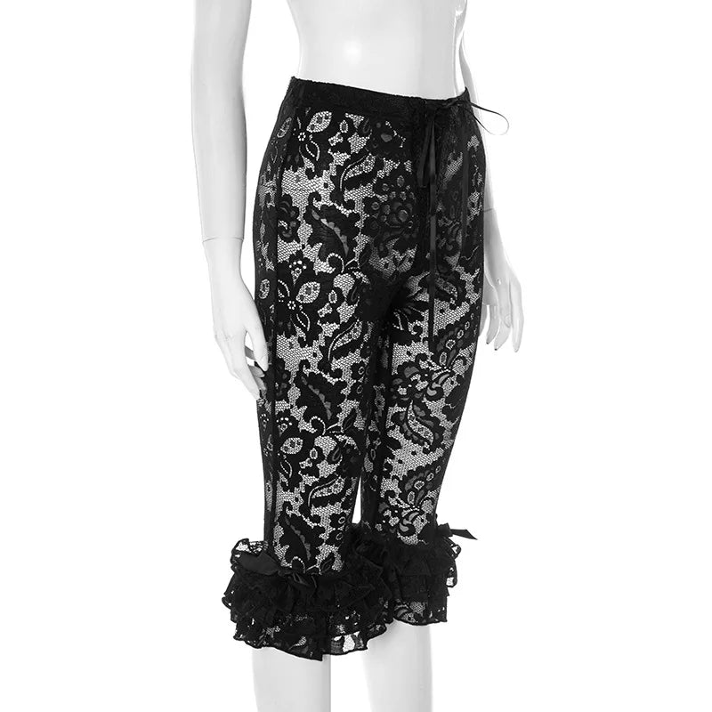 HLJ&GG Y2K Fashion Lace Bandage Hollow Out Two Piece Sets Women Off Shoulder Short Sleeve Slim Crop Top And Ruffle Shorts Outfit