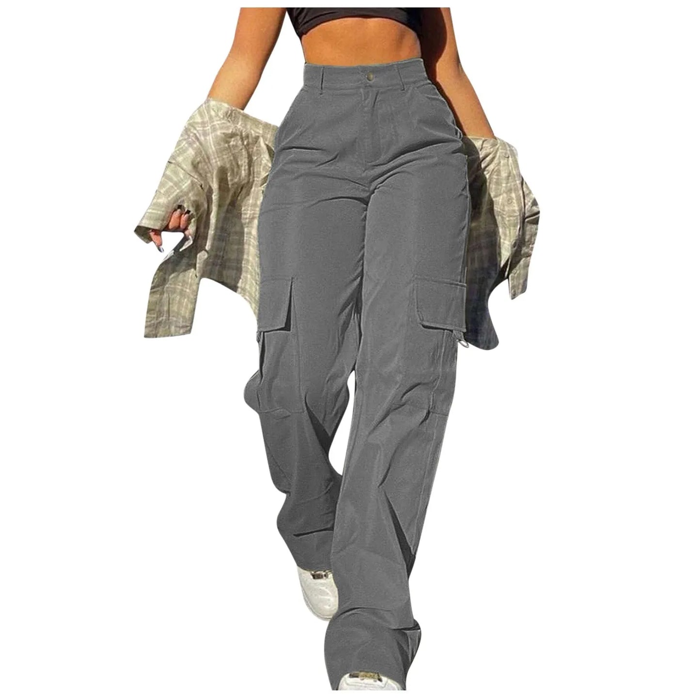 Women Cargo Pants With Pockets Stretch High Waisted Casual Sweatpants Straight Wide Leg Long Pants Sporty Jogger Trouser