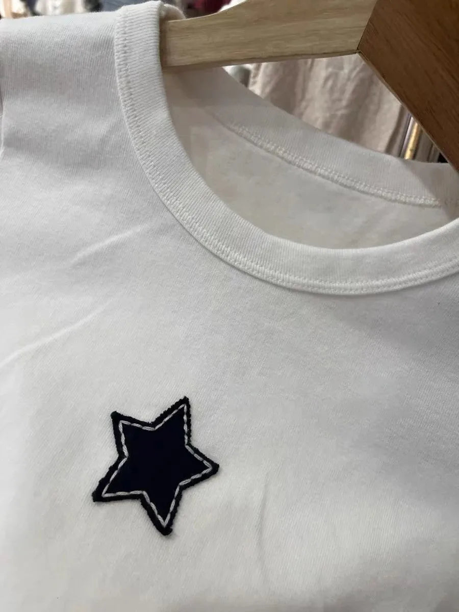 Sweet Star Appliques Slim Crop Top ladies Round Neck Short Sleeve Cotton Cropped T Shirt Summer Cute All-match T-shirts Y2K Tops