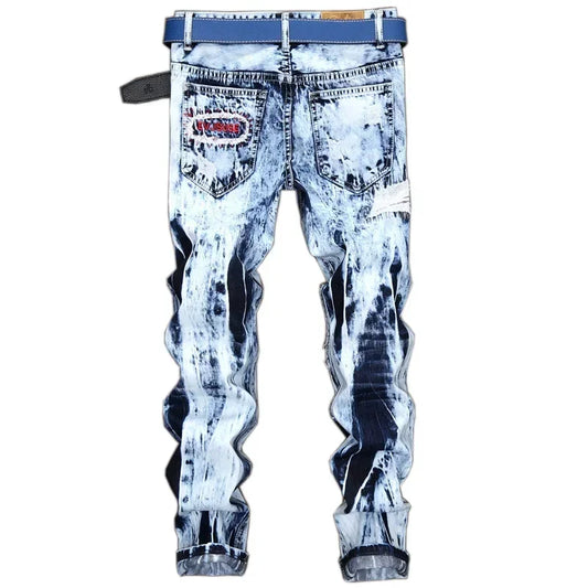 Denim Embroidered Patchwork Ripped Jeans (without Belt) Slim Fashion High Street Motorcycle Denim Pants Male Designer Clothes, men's jeans
