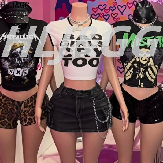 HLJ&GG Y2K Trendy Retro Print Tshirts Two Piece Sets Women Round Neck Sleeveless Top And Sequin Leopard Shorts Outfit Streetwear