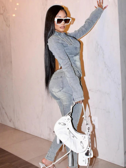 Weird Puss jeans Hipster Women jeans 2 Piece Set Single-Breasted Irregular Jacket+High-Waisted Trousers Matching Streetwear Outfits