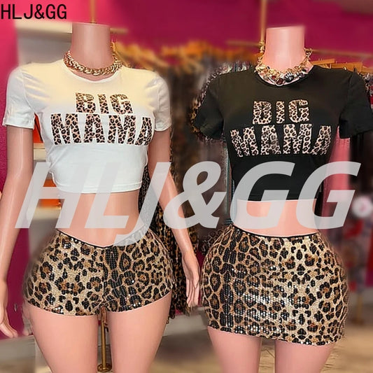 HLJ&GG Fashion Y2K Sequin Leopard Shorts Two Piece Sets Women Round Neck Short Sleeve Slim Crop Top And Shorts Outfit Streetwear