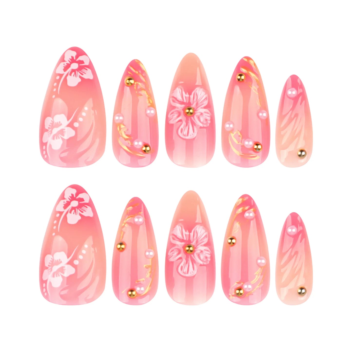 24pcs Flower Pattern Fake Nail Korean Sweet Pink Almond False Nail Tips for Lady Girl Wearable Detachable Simple Press on Nails