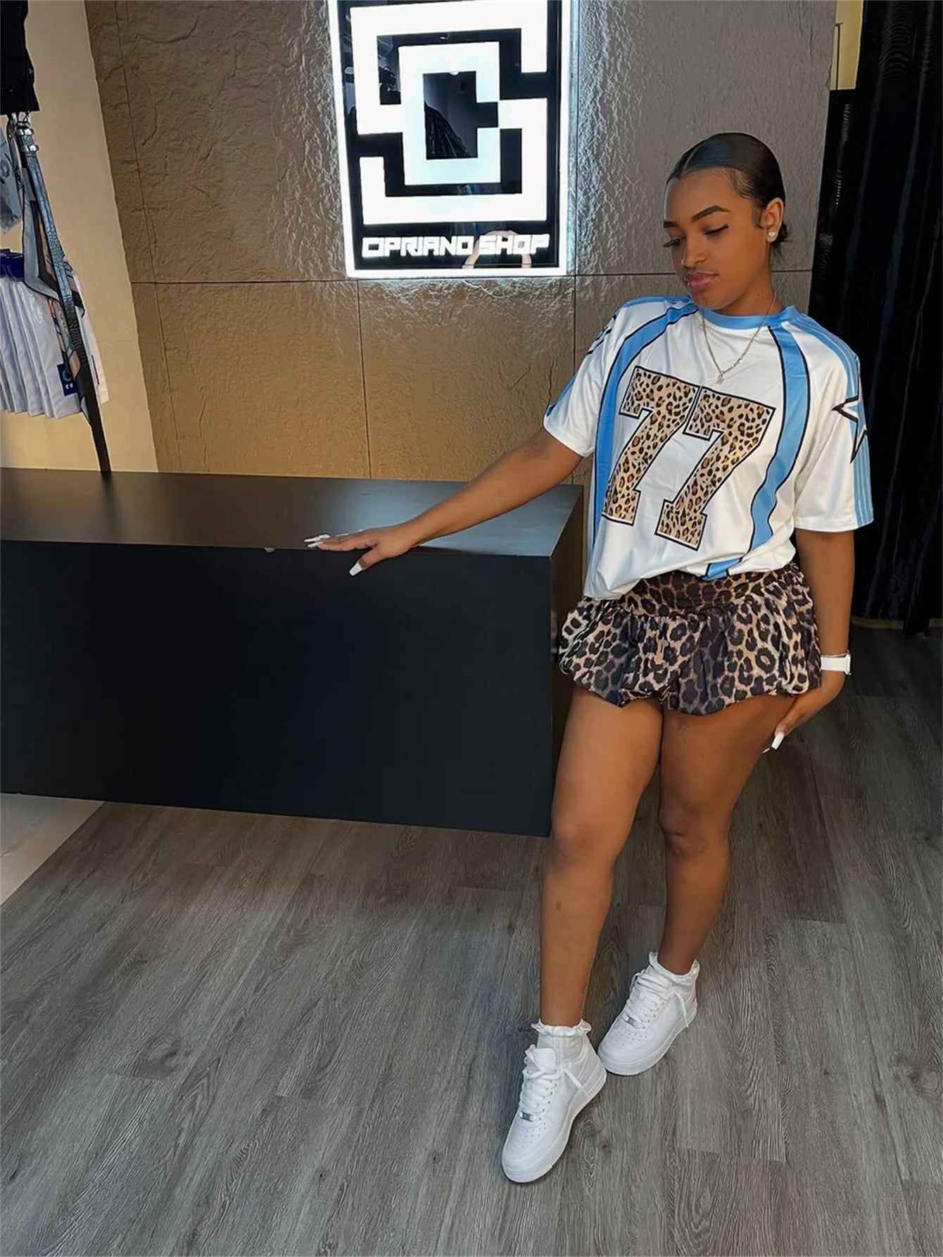 HLJ&GG Fashion Y2K Letter Leopard Puffy Mini Skirts Two Piece Sets Women Round Neck Short Sleeve Top + Skirts Outfits Streetwear