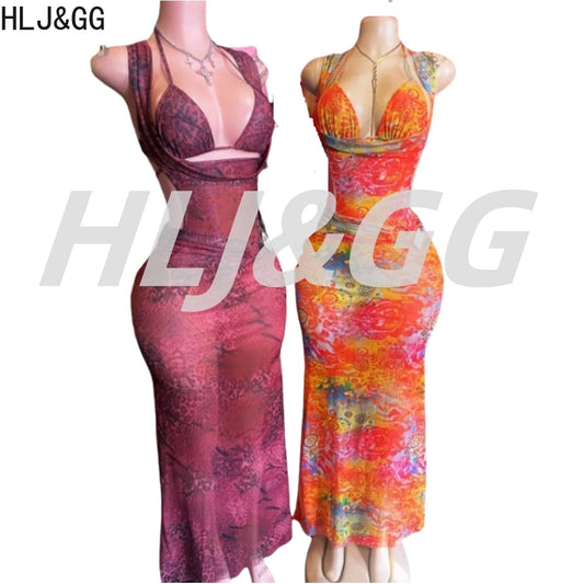 HLJ&GG Sexy Deep V Mesh See Though Bandage Long Dresses Women Tie Dye Print Sleeveless Backless Slim Vestidos Fashion Streetwear
