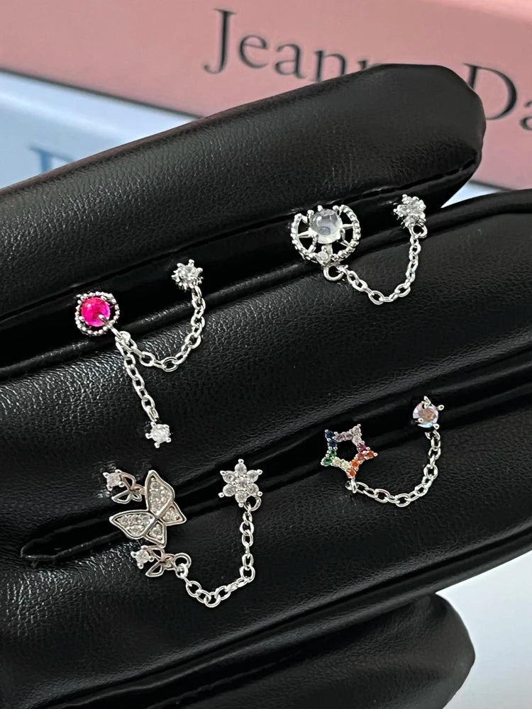 1PCS Pink Love Heart Chain Double Ear Hole 316L Stainless Steel Ear Bone Nail Y2K Fashion Hottie Earrings for Women Jewelry