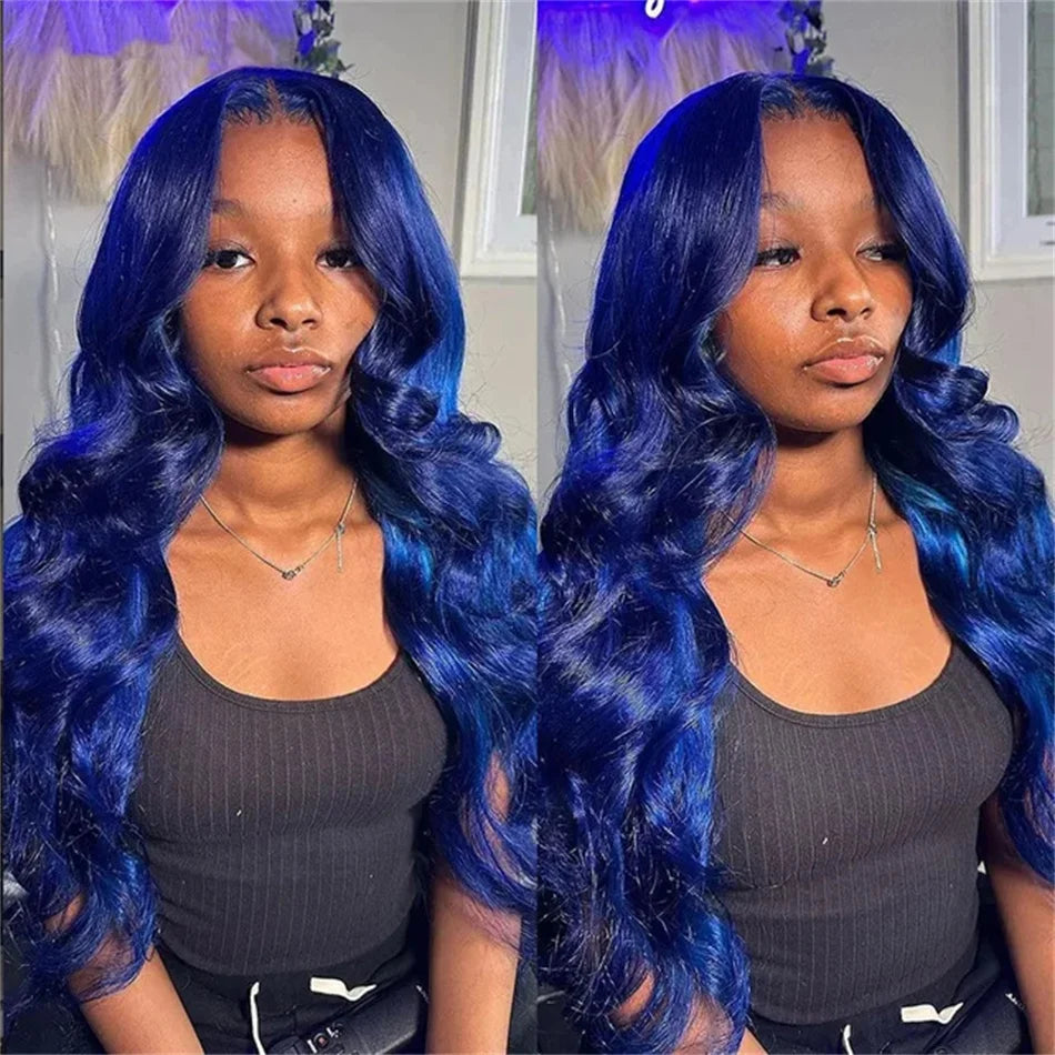 13x4 Dark Blue Transparent Lace Front Human Hair Wig For Women Pre Plucked Navy Blue Colored Body Wave HD Lace 13x6 Frontal Wigs