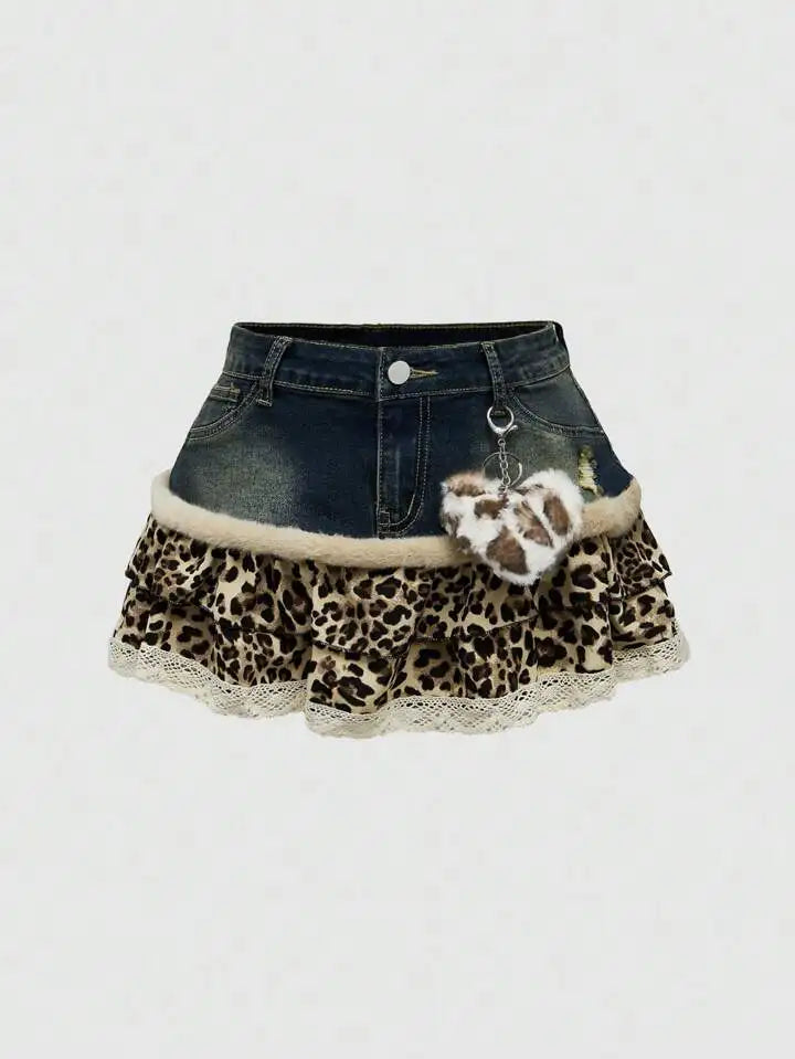 Harajuku Subculture jeans Leopard Print Splicing Y2k Skirt Kawaii Gothic Mini Pleated Skirt Casual Retro Streetwear Skirts Women