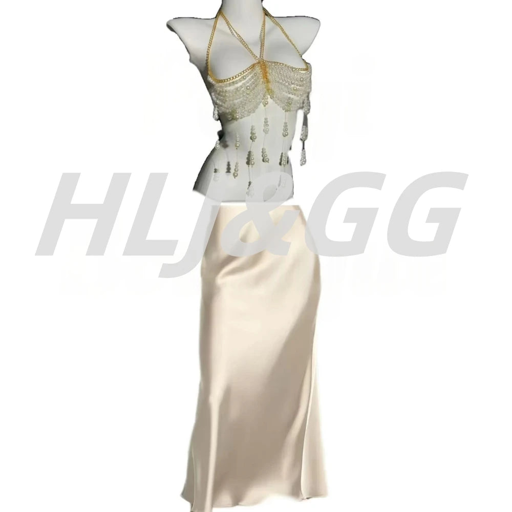 HLJ&GG Sexy Rhinestone Beads Halter Hollow Two Piece Sets Women Sleeveless Backless Top + Satin Skinny Skirts Outfits Streetwear