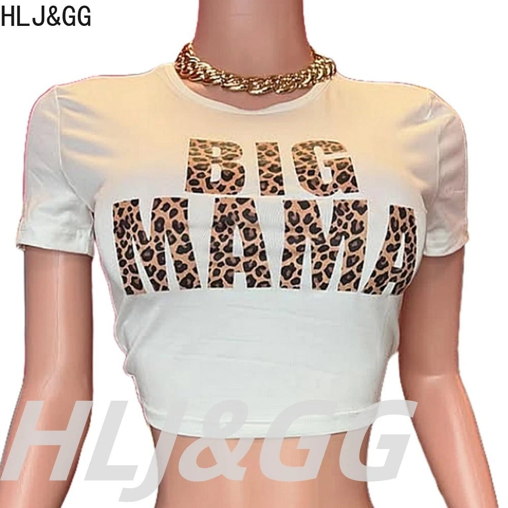 HLJ&GG Fashion Y2K Sequin Leopard Shorts Two Piece Sets Women Round Neck Short Sleeve Slim Crop Top And Shorts Outfit Streetwear