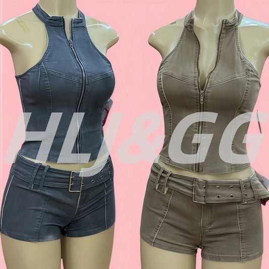 HLJ&GG Sexy Bodycon ladies 2 Piece Set Outfit Halter Sleeveless Backless Crop Tops + Shorts Matching Suits, Streetwear New