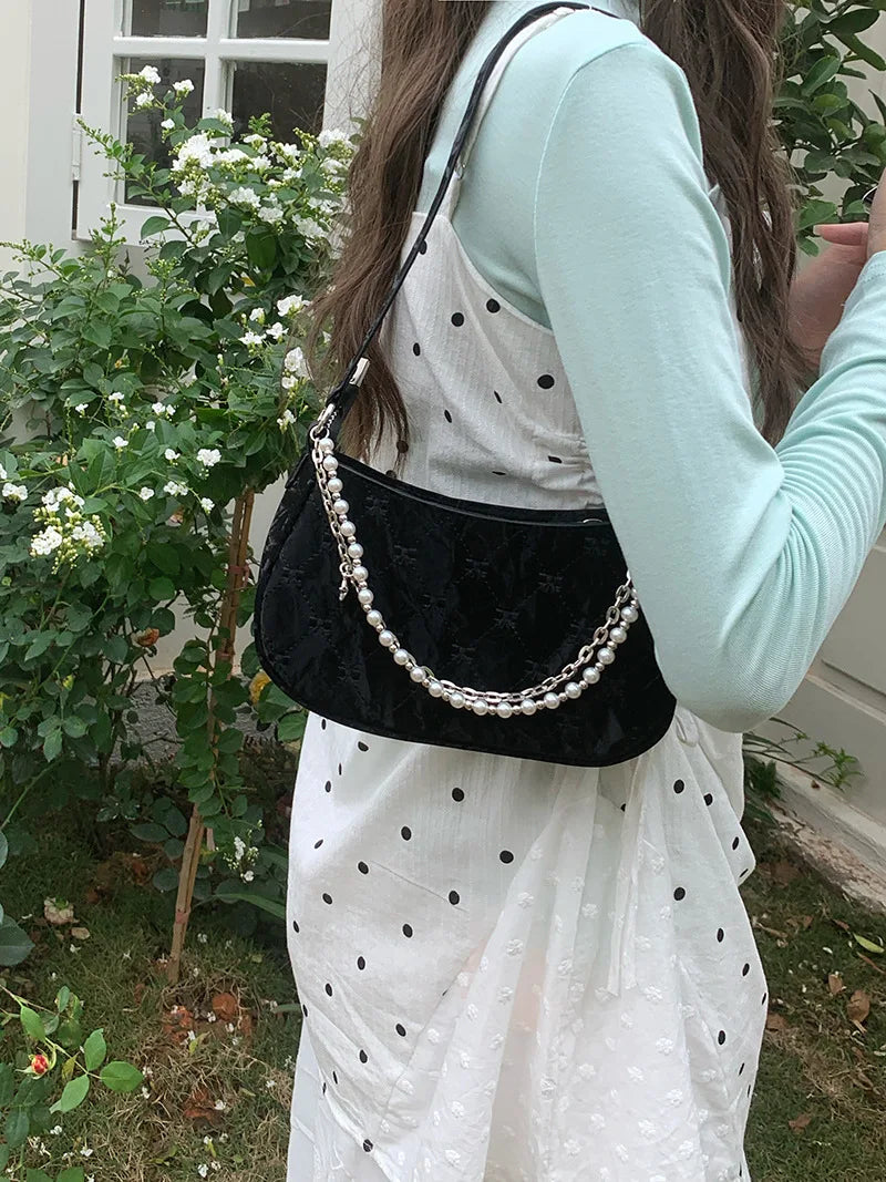 Pink Shoulder Bag Elegant Cute Bow Pearl Chains Bow Embroidery Handbag Casual Leather Korean Fashion Female Handbag