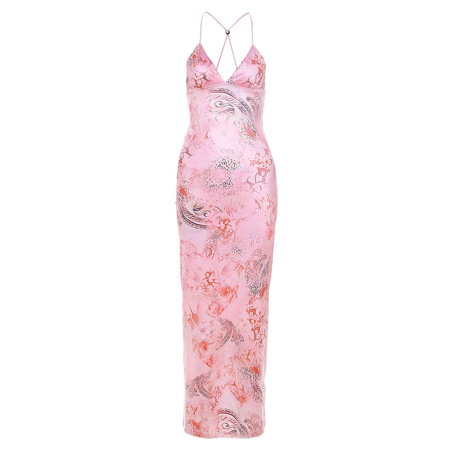 Weird Puss Chic Butterfly Women Maxi Dress Print Backless Spaghetti Straps V Neck Halter Bodycon Hot Girls Club Party Vestidos
