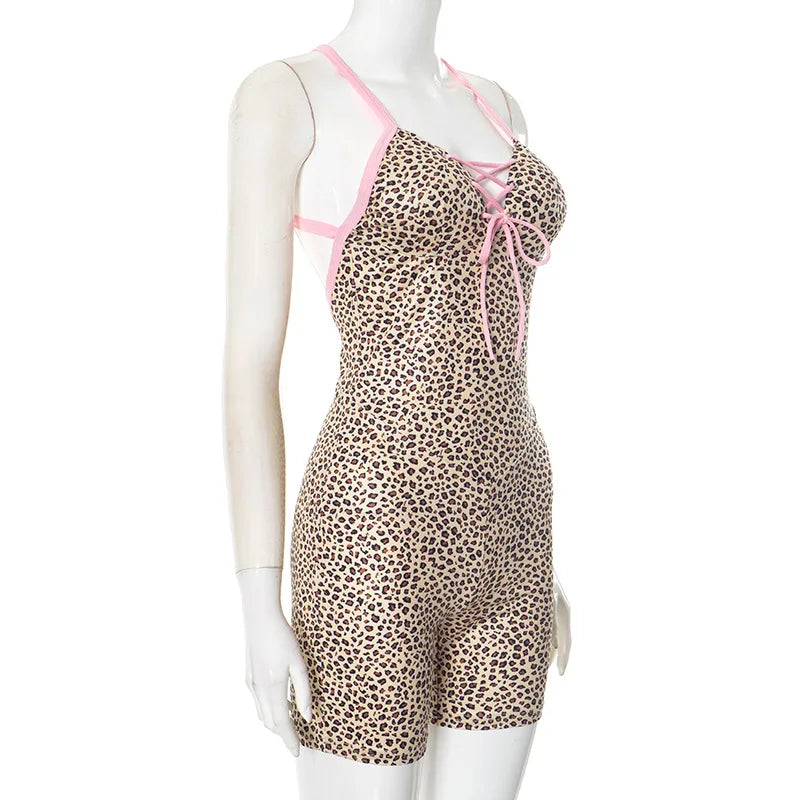 HLJ&GG Summer New Leopard Print Bow Bodycon One Piece Rompers Women Hollow Out Halter Backless Slim Jumpsuits Fashion Streetwear