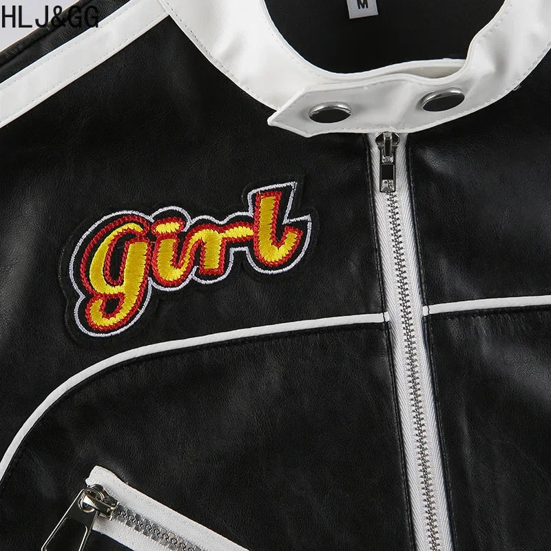 HLJ&GG Black Leather Jacket Fashion Streetwear Women Zip Long Sleeve Crop Top+Tshirts+Sequin Shorts 3 Piece Sets Female Clothing