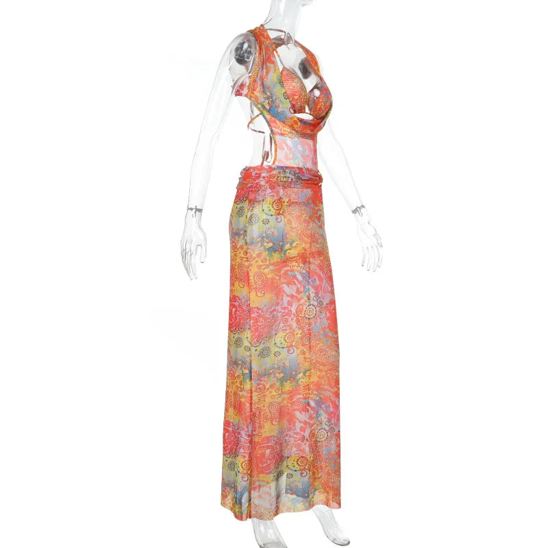HLJ&GG Sexy Deep V Mesh See Though Bandage Long Dresses Women Tie Dye Print Sleeveless Backless Slim Vestidos Fashion Streetwear