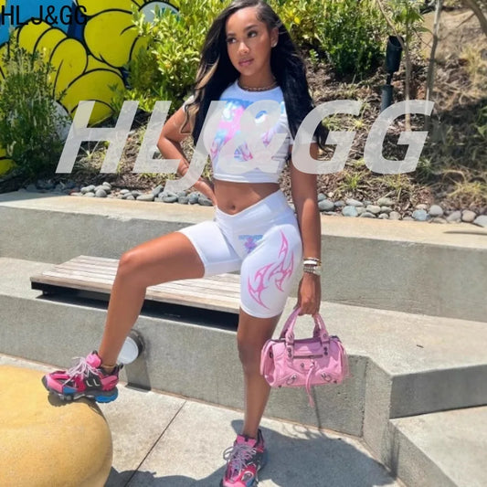 HLJ&GG White Summer Trend Y2K Letter Print Two Piece Sets Women Round Neck Short Sleeve Slim Crop Top And Skinny Shorts Outfits