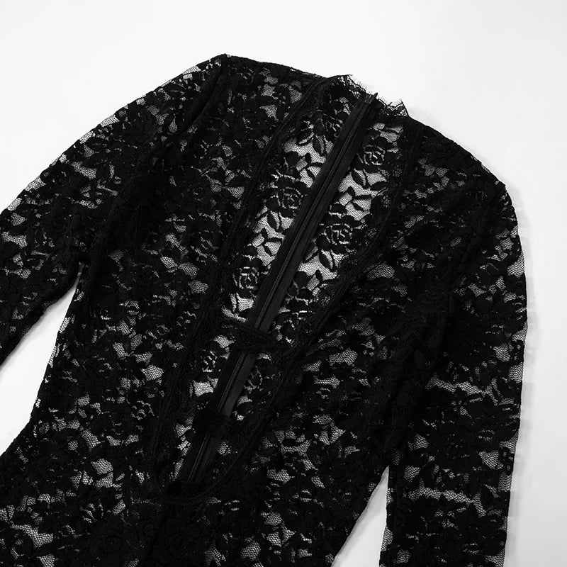 Weird Puss Sexy Jacquard Jumpsuit Women Sexy Mesh Patchwork Low-Neck Hollow Full Sleeve Skinny Midnight Party Clubwear Overalls