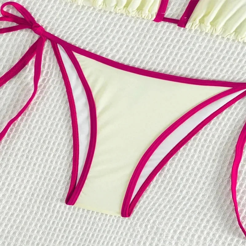 Contrast Color Patchwork Bikinis Bathing Suit Women Sexy Lace Up Triangle Thong Micro Bikini 2025 New Swimwear Biquini Beachwear
