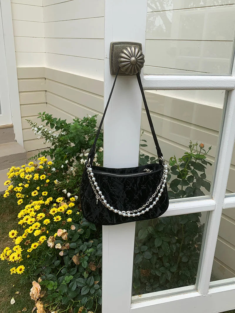 Pink Shoulder Bag Elegant Cute Bow Pearl Chains Bow Embroidery Handbag Casual Leather Korean Fashion Female Handbag