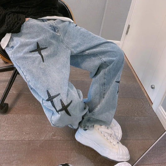 Boyfriend Vintage Fashion Straight Casual Loose Denim Cargo Pants Men Designer Prints Star denim pants Streetwear Loose Wide Leg Jeans