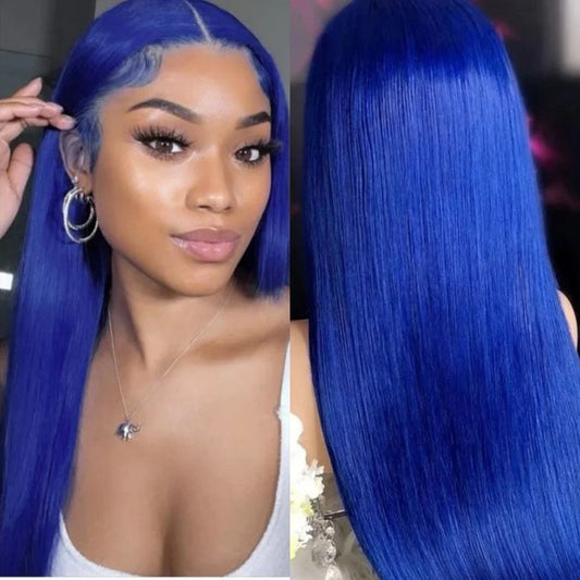 Straight Navy Blue 13x4 Human Hair Lace Frontal Wigs Blue Transparent Lace Front Wigs For Women Brazilian Pre Plucked Hair Wigs