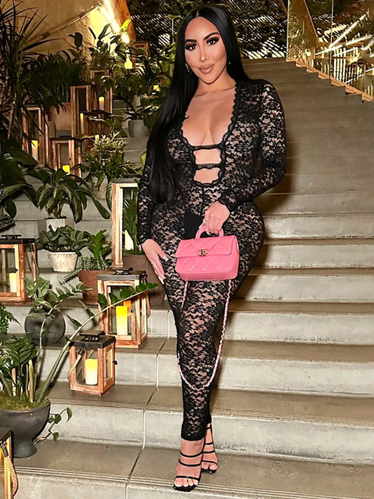 Weird Puss Sexy Jacquard Jumpsuit Women Sexy Mesh Patchwork Low-Neck Hollow Full Sleeve Skinny Midnight Party Clubwear Overalls