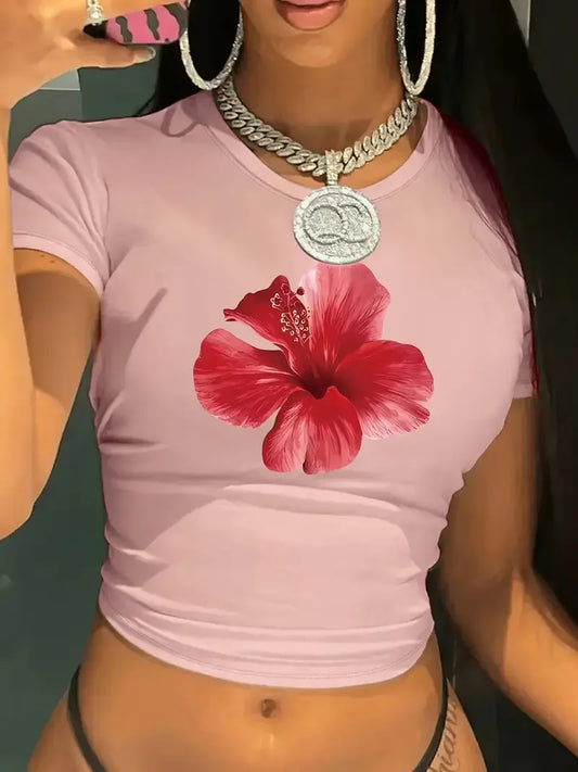 Y2k 2000s Floral Red Flower Crop Top Vest Women's Print Round Neck Sleeveless Shirt Cropped T-shirt Sexy