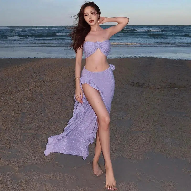 Women Sparkling 3 Piece Swimsuit Halter Neck Sexy Bathing Suit Hot Spring Ready Body Shaping Photogenic Swimwear Vacation Dress