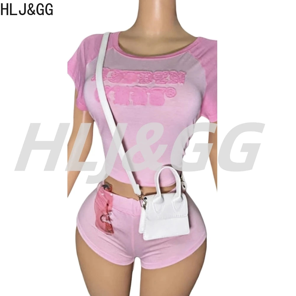 HLJ&GG Fashion Letter Y2K Shorts Two Piece Sets Women Round Neck Slim Crop Top And Shorts Outfits Summer New Hot Girl Streetwear