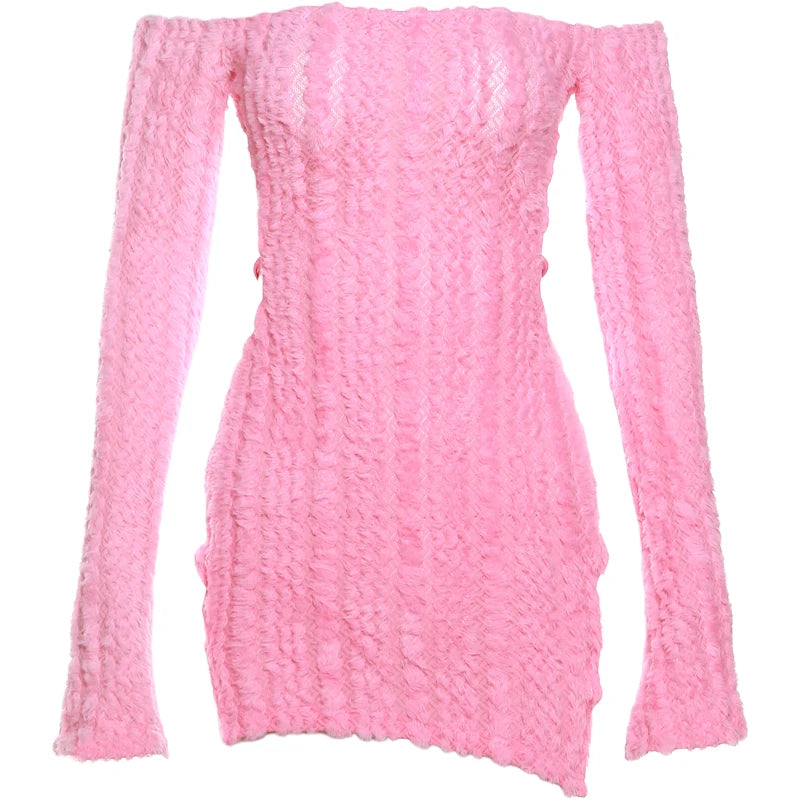 Weird Puss Knit Elegant Slash Neck Dress Women Sexy Trend Backless Irregular Skinny Streetwear Midnight Side Hollow Chic Bodycon