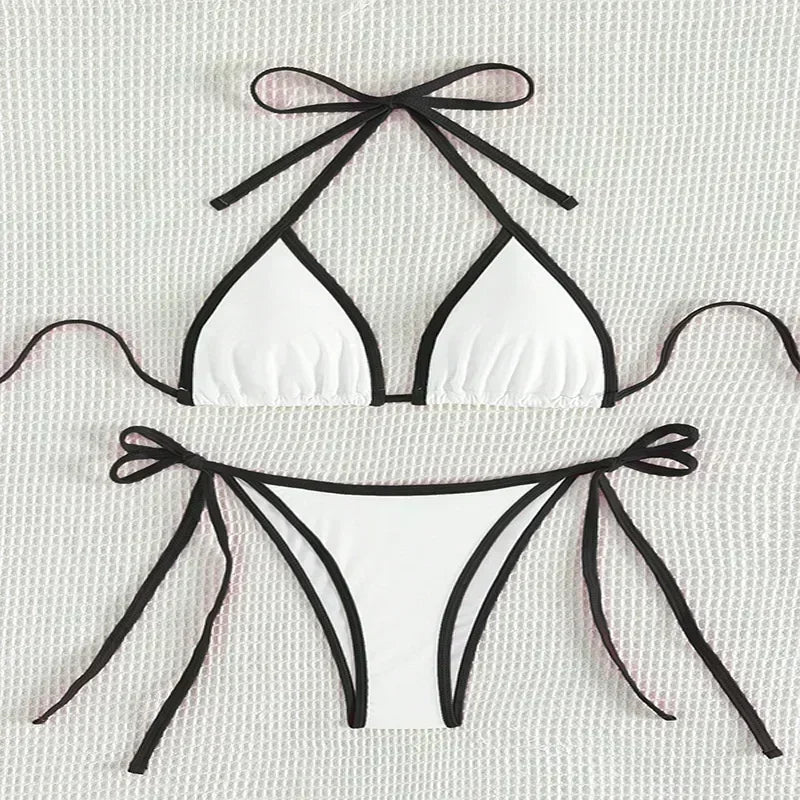 Contrast Color Patchwork Bikinis Bathing Suit Women Sexy Lace Up Triangle Thong Micro Bikini 2025 New Swimwear Biquini Beachwear