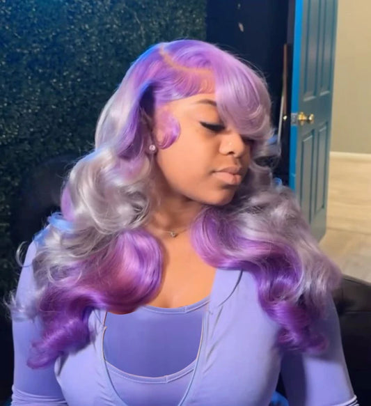 Ombre Purple Gray Body Wave HD Lace Frontal Human Hair Wigs Highlight Purple Custom 13x4 Lace Front Human Hair Wigs