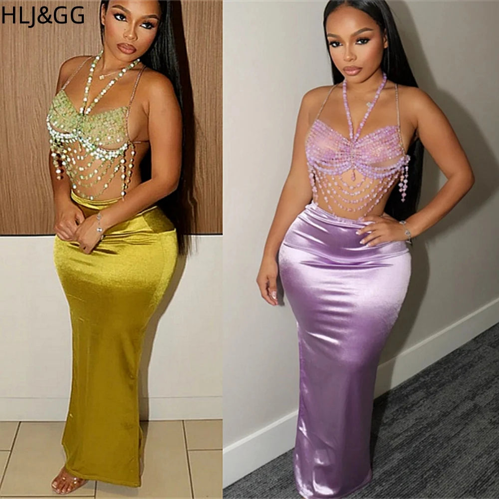 HLJ&GG Sexy Rhinestone Beads Halter Hollow Two Piece Sets Women Sleeveless Backless Top + Satin Skinny Skirts Outfits Streetwear