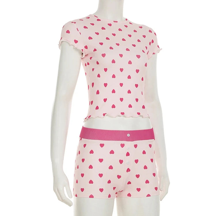 STYLISH LADY Heart Printed 2 Piece Set Women Short Sleeve Crop Top and Shorts Suits 2025 Summer Valentine's Day Home Sleepwear
