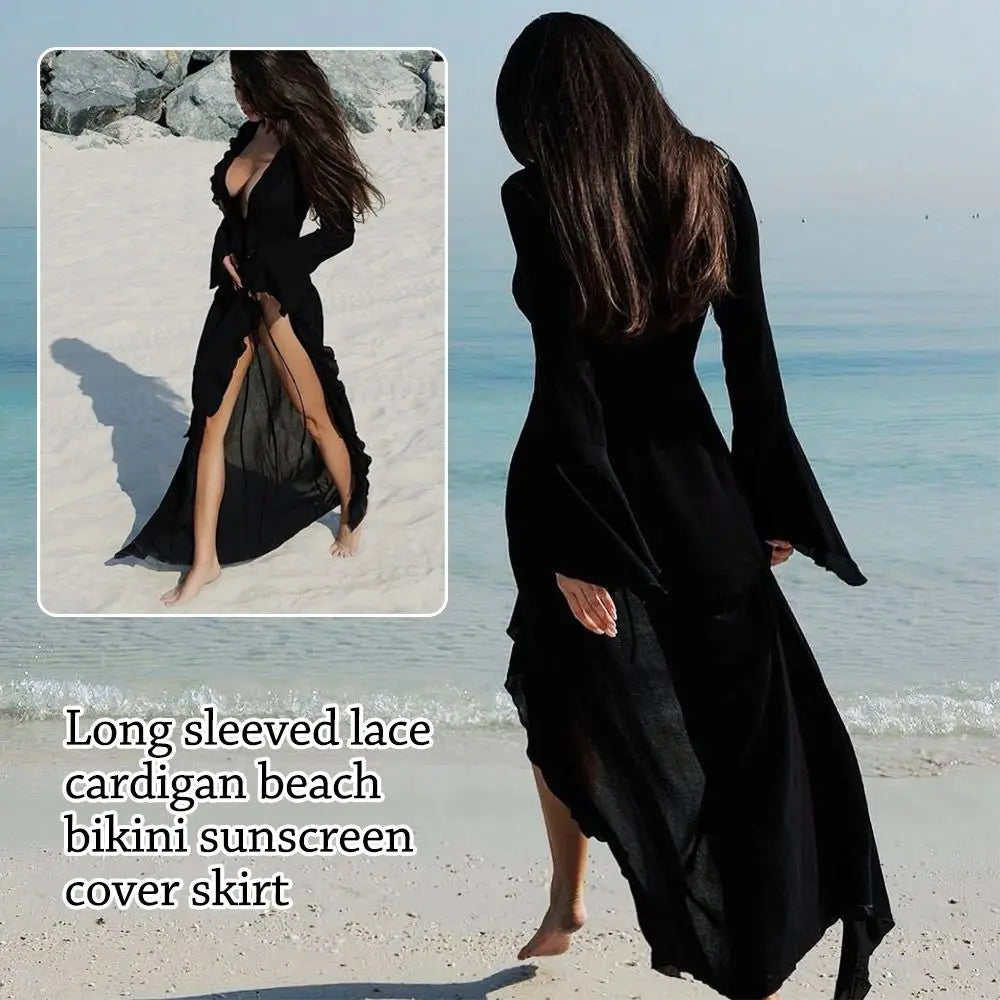 Fashion V Neck Summer Beach Cover Up Ruffled Loose Beach Dress Long Sleeve Vacation Swimsuit Cover Up Dress for Women