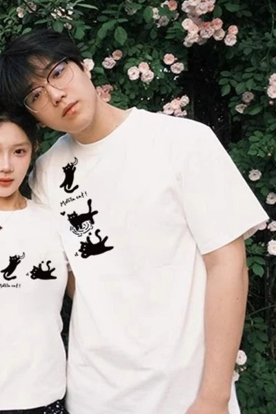 2025 New Design Cute Cats Couple Set Graphic T-shirt Summer Fashion Streetwear Cotton Tee Causal Fit Hot Selling