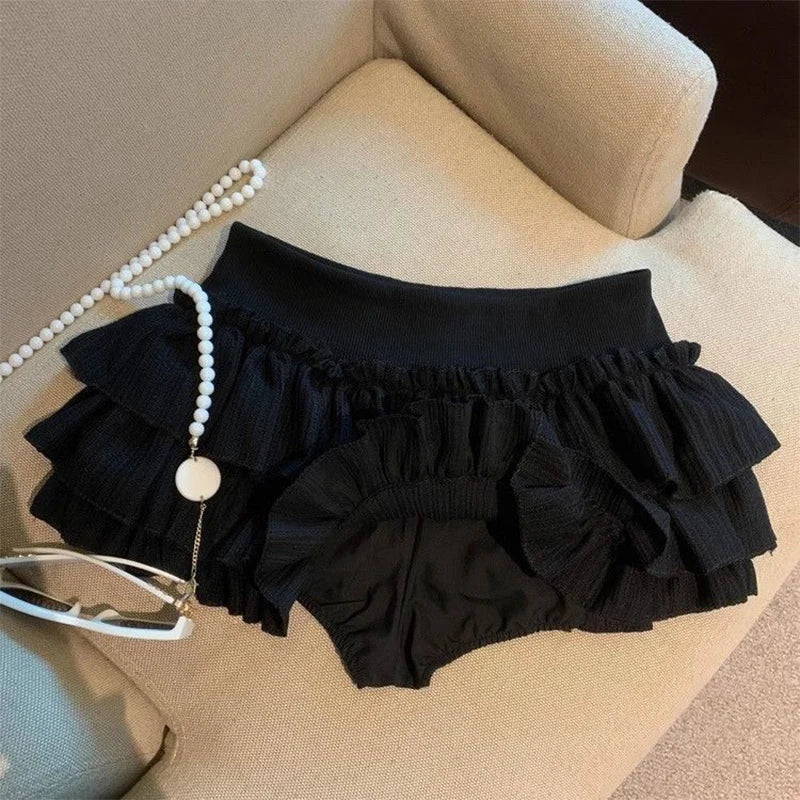 Sweet Puffy Cake Women Skirts Korean Fashion Ruched Ruffle Mini Skirt Campus Harajuku Casual Versatile Elastic Waist Solid Skirt