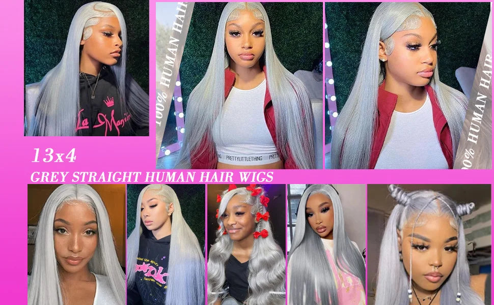 30Inch Straight Lace Front Wig Human Hair Light Grey 13x6HD Lace Front Wig Human Hair Pre Plucked 13x4 Lace Front Wig Human Hair