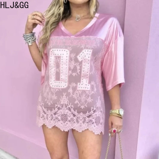 HLJ&GG Y2K Fashion Lace Splicing Letter Two Piece Sets Women V Neck Short Sleeve Loose Top+Mini Ruffle Skirts Outfits Streetwear