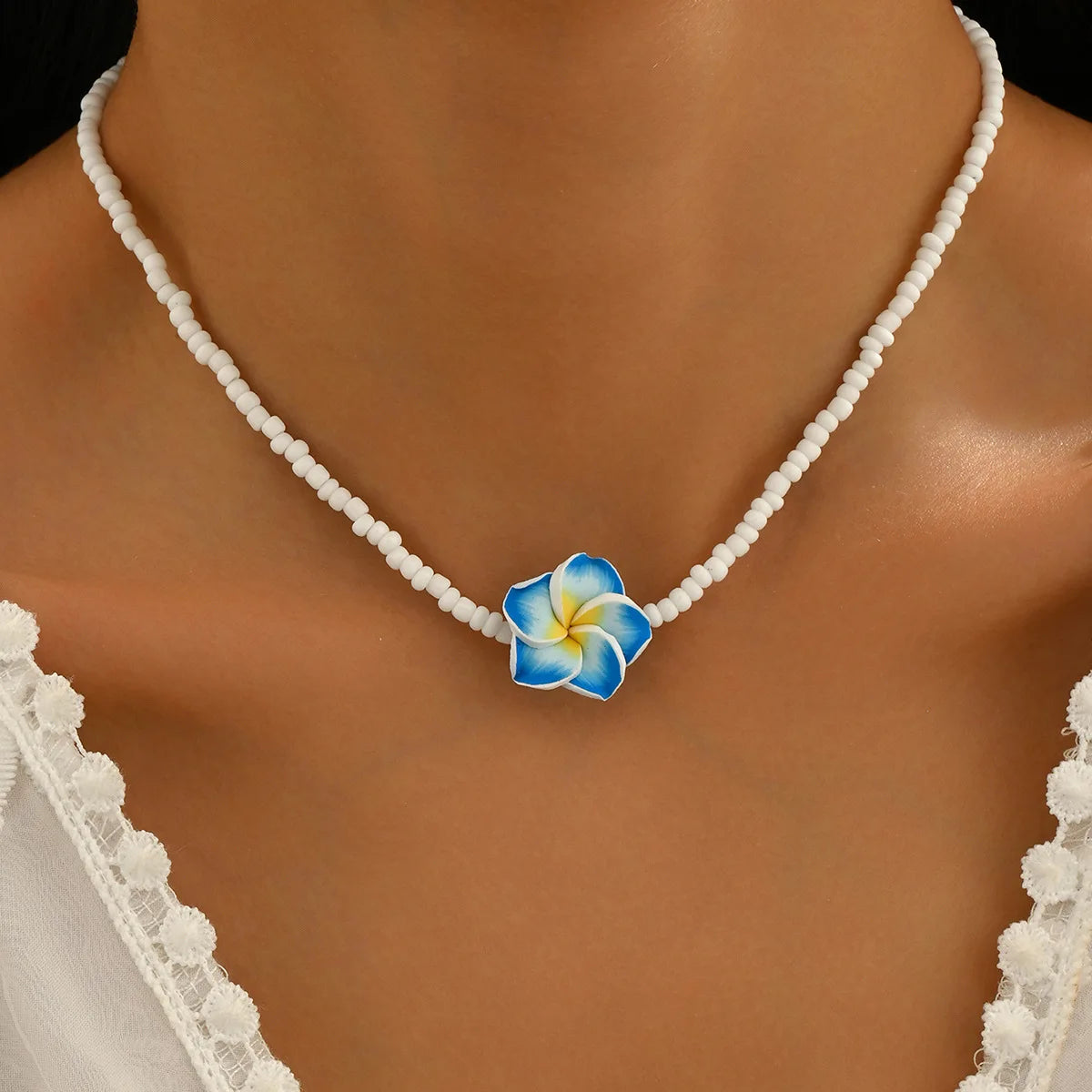 Boho Y2K Polymer Clay Flower Charm Necklace For Women Handmade Beaded Choker Necklace Girls Summer Jewelry Vacation Accessories